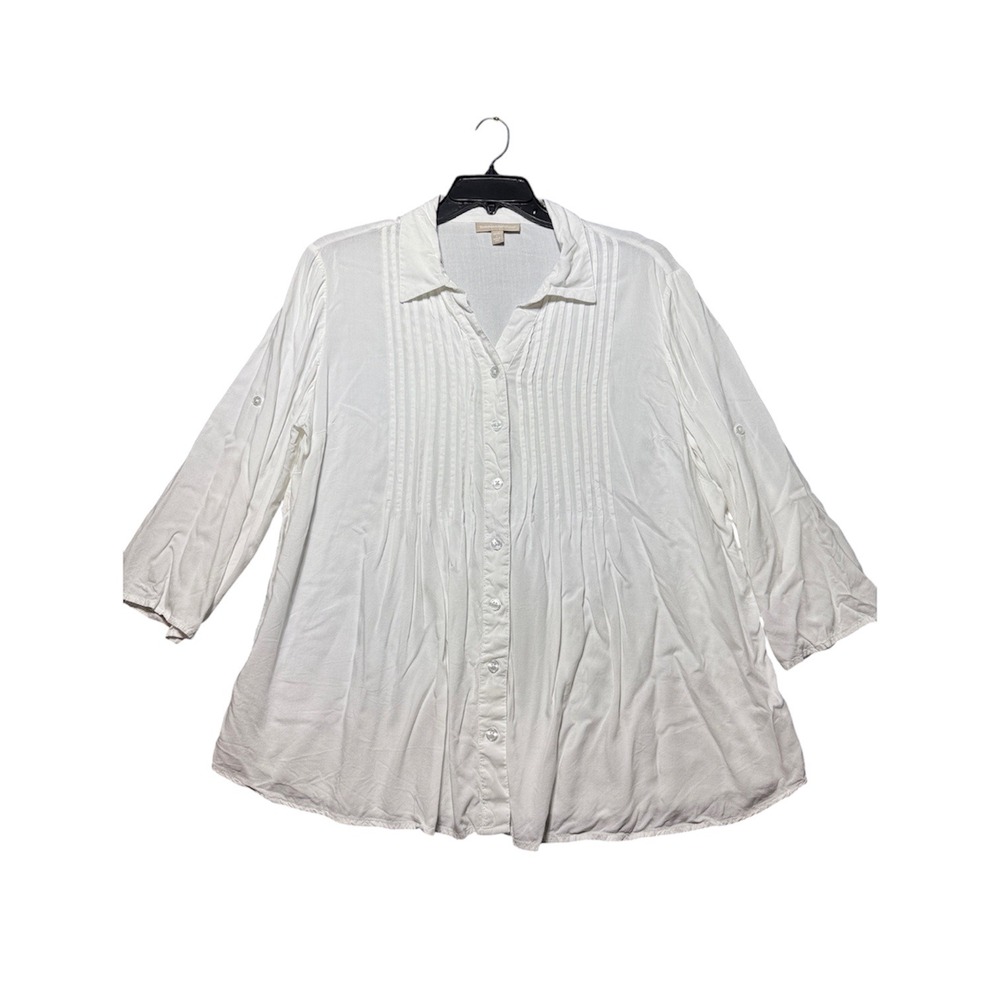 Woman Within Pintuck Button Up Women 18/20 White Rayon Roll Tab Sleeve Tunic
